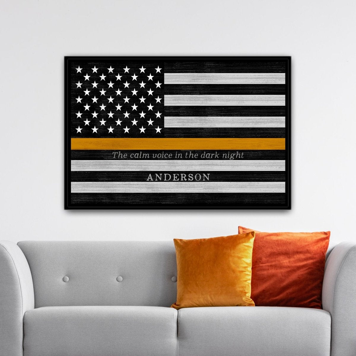 Personalized Flag Sign For 911 Dispatchers & Tow Truck Drivers Above Couch - Pretty Perfect Studio