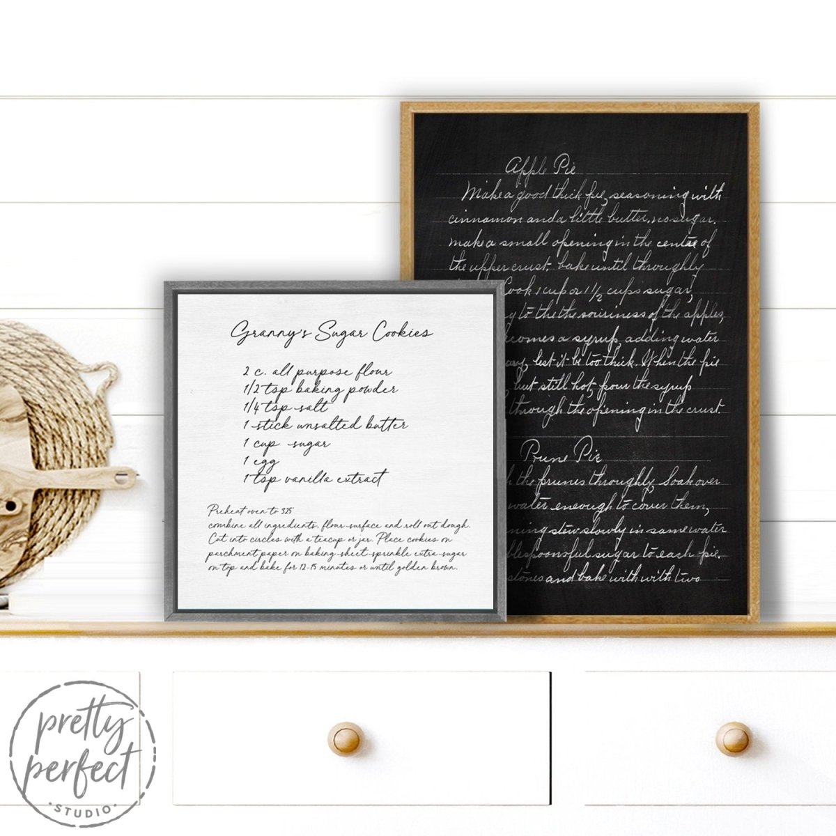 Personalized Family Recipe Sign With Your Choice of Light or Dark Background Sitting on Shelf - Pretty Perfect Studio