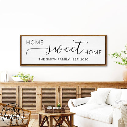 Personalized Home Sweet Home Sign Hanging on Wall in Living Room - Pretty Perfect Studio