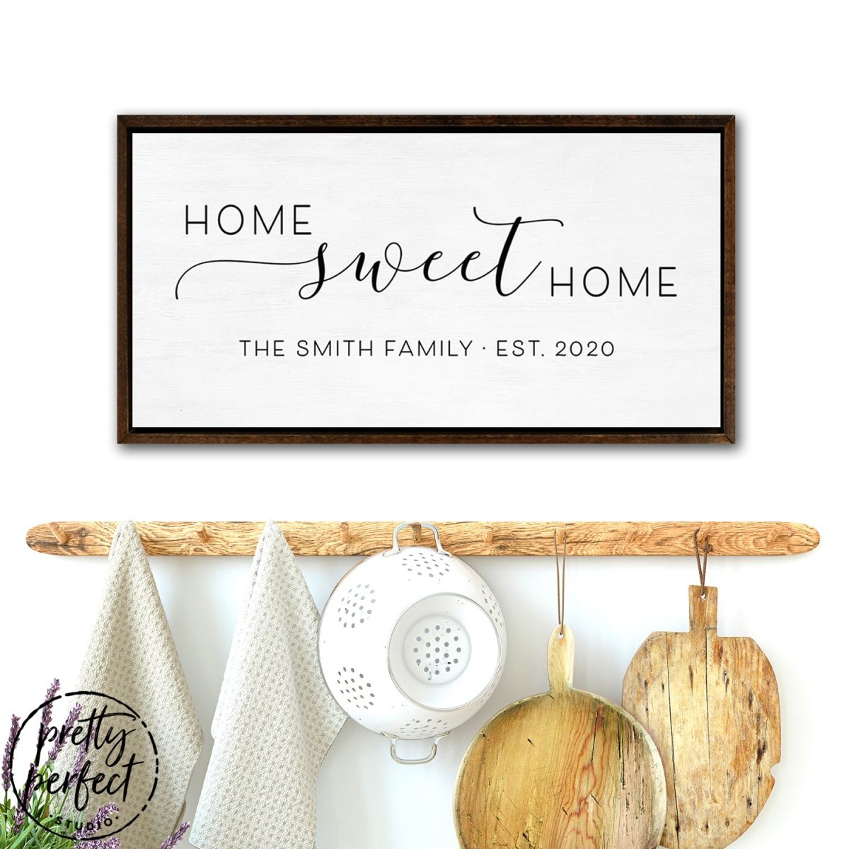 Personalized Home Sweet Home Sign Hanging on Wall in Dining Room - Pretty Perfect Studio