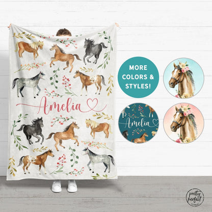 Personalized Horse Baby Blanket Gifts For Girls, Floral Horse Custom Baby Blanket