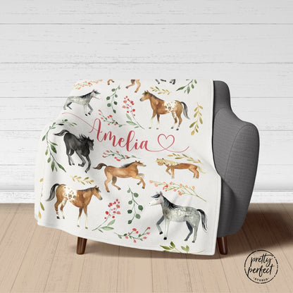 Personalized Horse Baby Blanket Gifts For Girls, Floral Horse Custom Baby Blanket