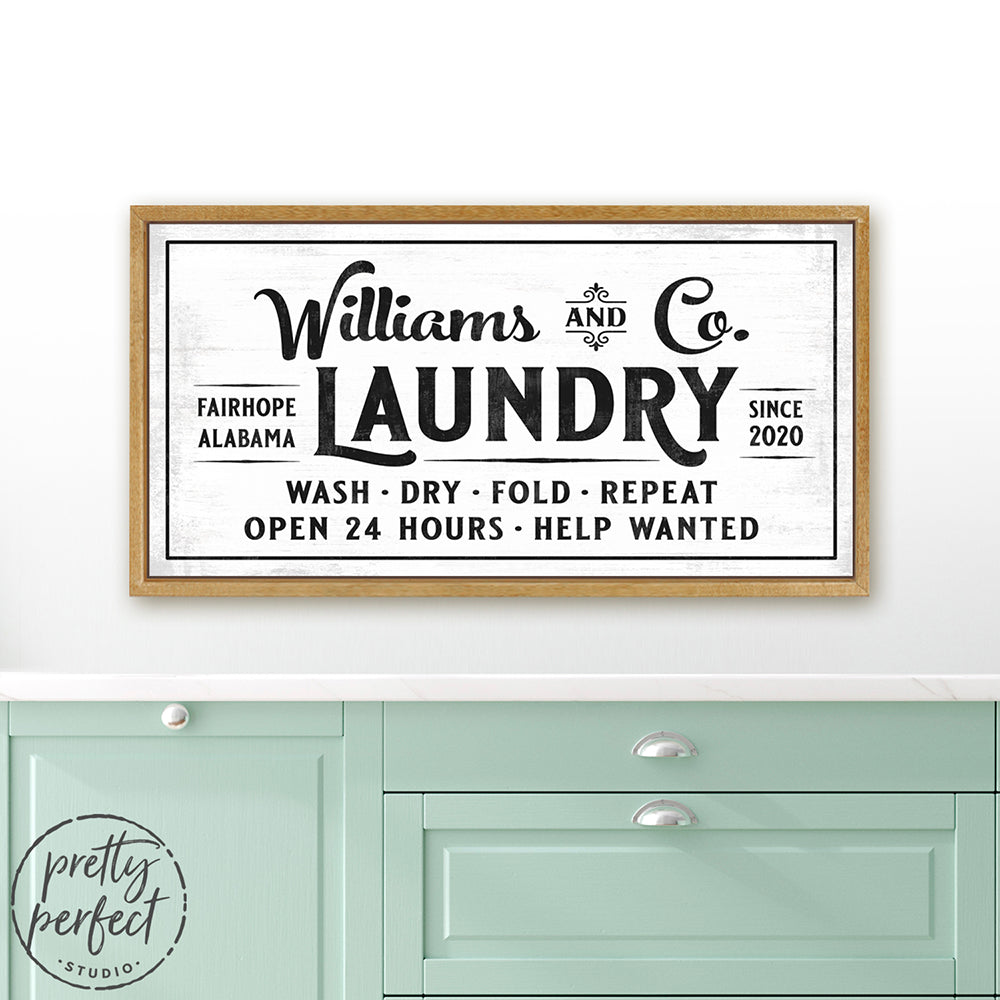 Custom Laundry Room Sign in Laundry Room Above Folding Table - Pretty Perfect Studio
