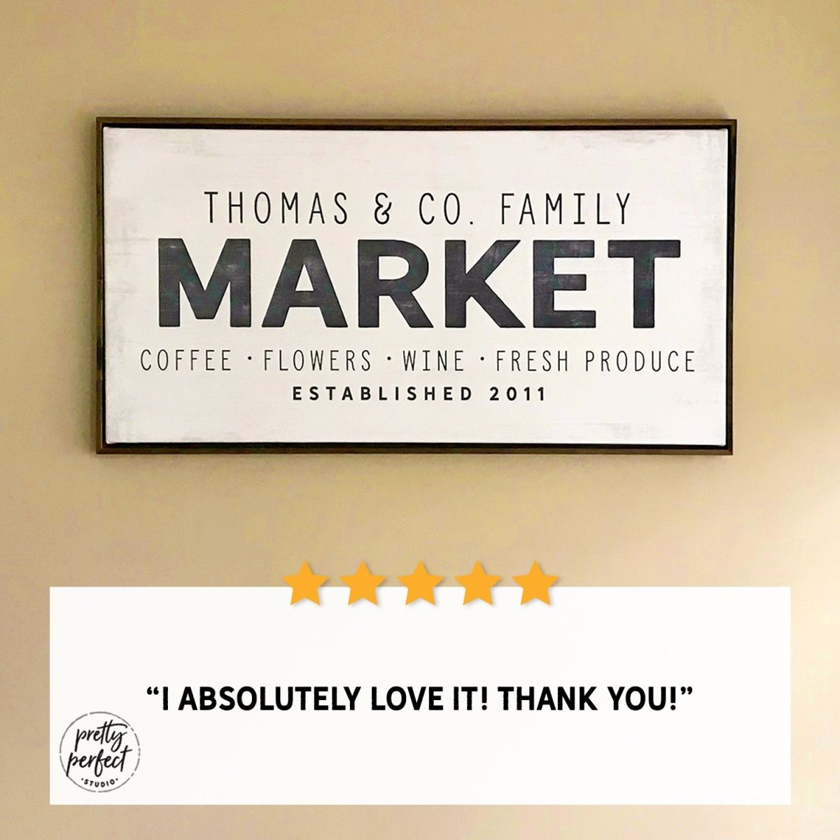 Customer product review for personalized market sign by Pretty Perfect Studio