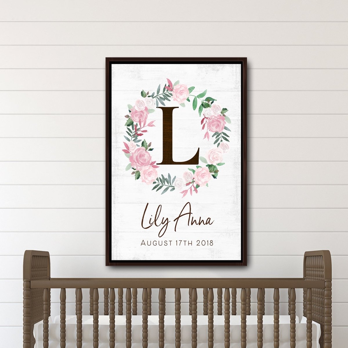 Baby Girl Personalized Name Sign for the Nursery Room Above Brown Crib - Pretty Perfect Studio