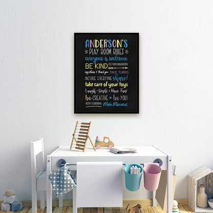 Personalized Playroom Sign | Custom Play Room Rules Canvas Vertical Sign in Kids’ Playroom - Pretty Perfect Studio