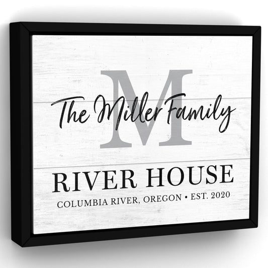 Personalized river house family sign with name and location in framed farmhouse style