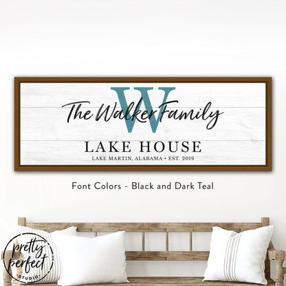 Classic style personalized river house sign with family name and location