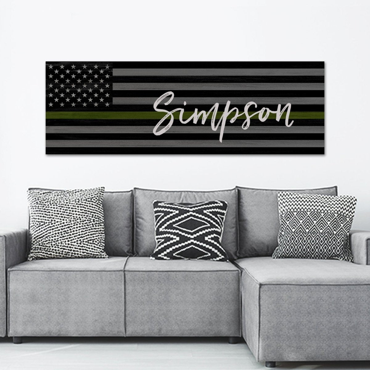 Personalized US Military Flag Sign Above Couch - Pretty Perfect Studio