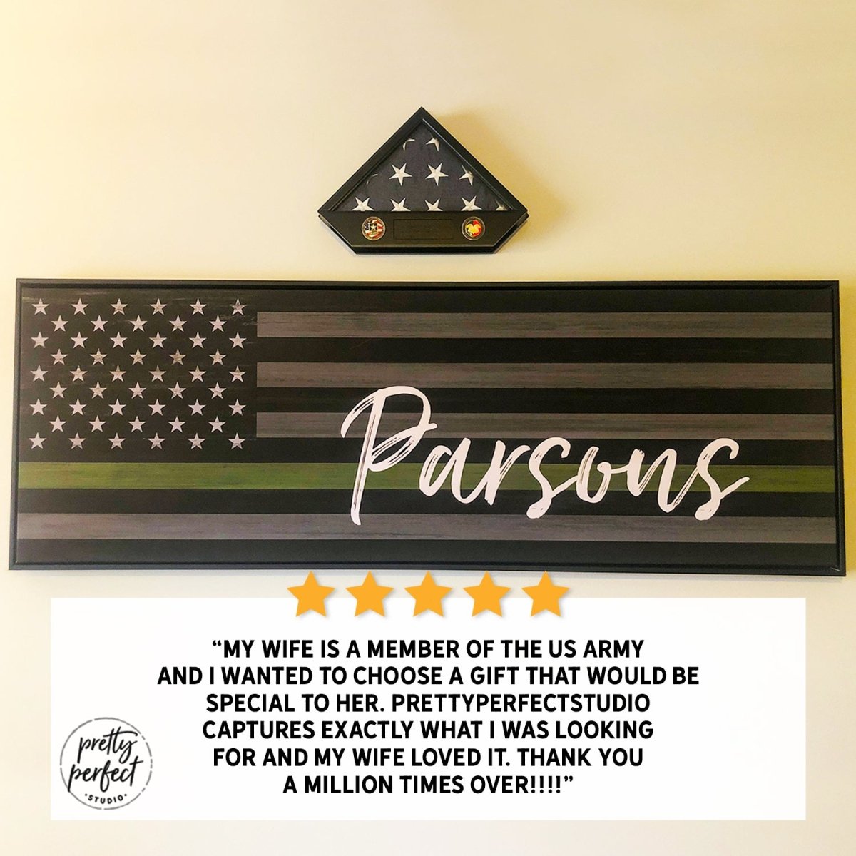 Customer product review for personalized US military flag sign by Pretty Perfect Studio