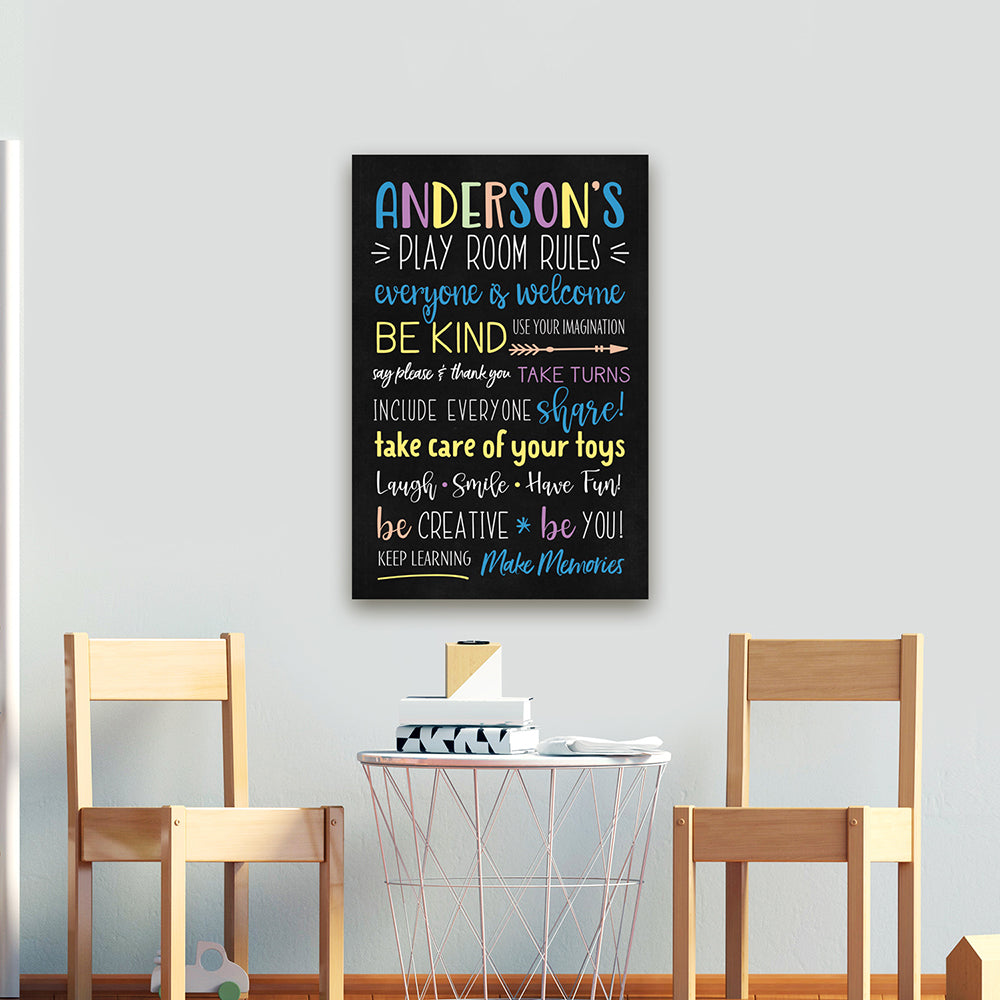 Personalized Playroom Sign | Custom Play Room Rules Canvas Vertical Sign Above Table - Pretty Perfect Studio