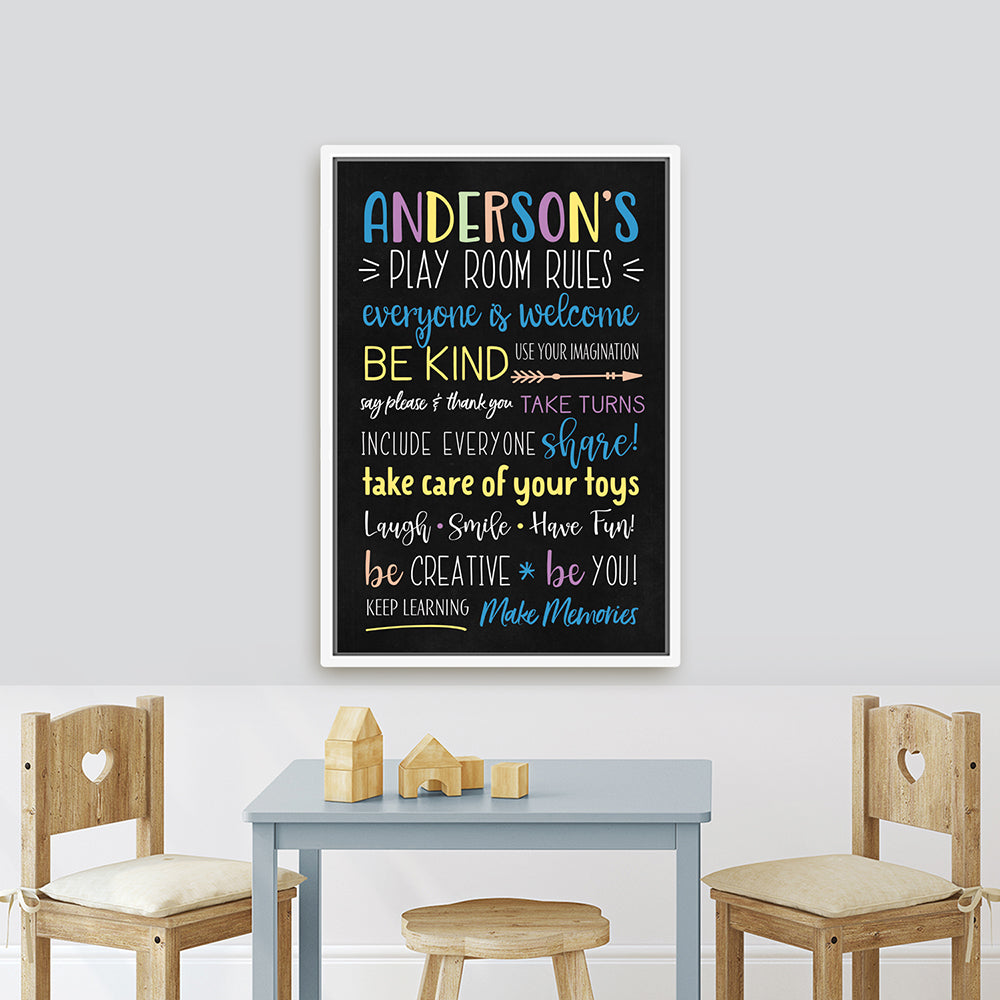 Personalized Playroom Sign | Custom Play Room Rules Canvas Vertical Sign Above Kids’ Play Table - Pretty Perfect Studio