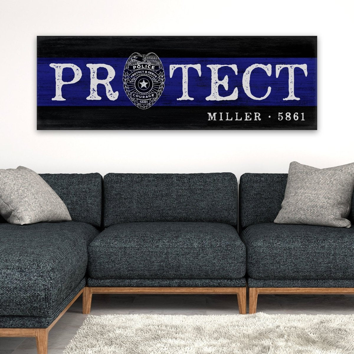 Police Officer Blue Line Protect Sign With Name in Family Room Above Couch - Pretty Perfect Studio