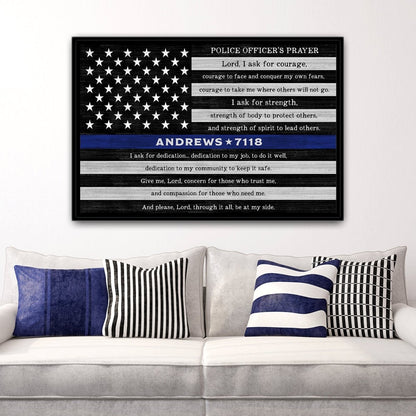 Personalized police officer prayer wall art with name and badge number above couch, thin blue line canvas decor for living room or law enforcement gift