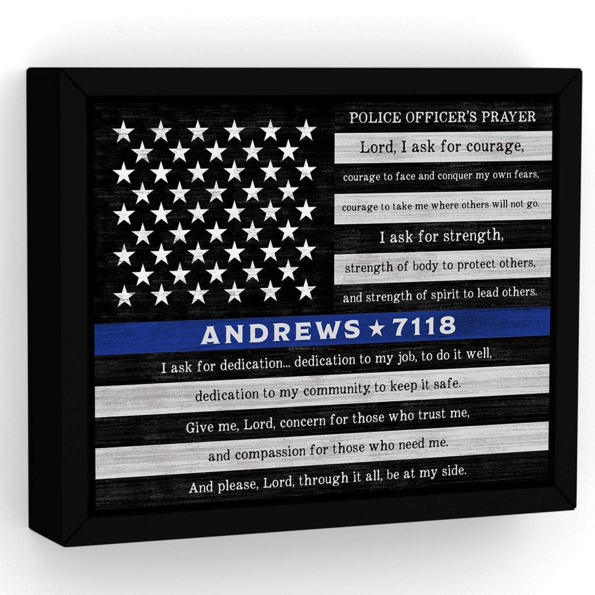 Personalized police officer prayer wall art with name and badge number, custom thin blue line canvas featuring police officer’s prayer for law enforcement gift