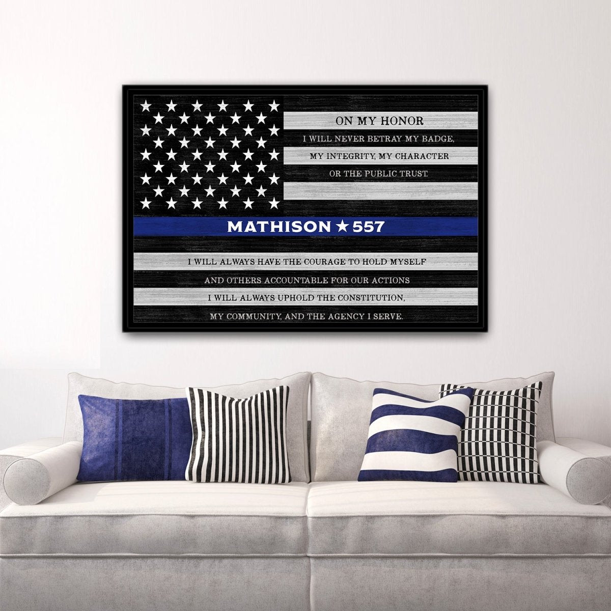Police Officer Sign Personalized With Name and Oath In Living Room Above Couch - Pretty Perfect Studio