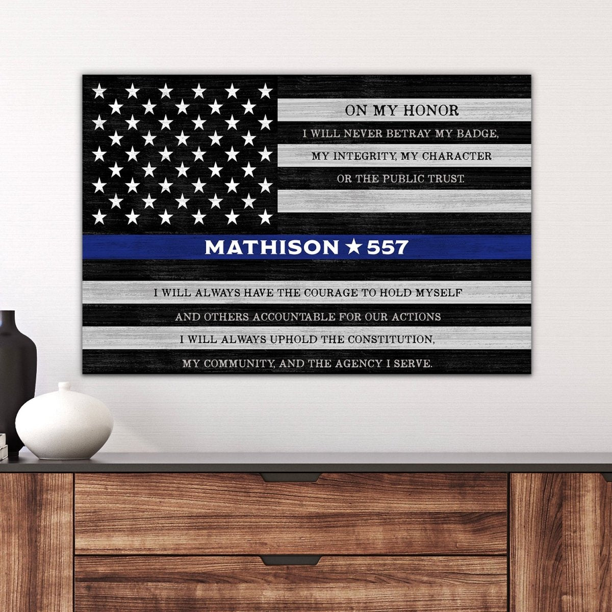 Police Officer Sign Personalized With Name and Oath in Entryway Above Table - Pretty Perfect Studio