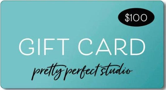 Teal gift card with 'pretty perfect studio' text and $100 amount