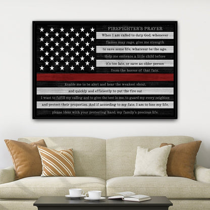 Red Line Firefighter Prayer Canvas Sign Above Couch - Pretty Perfect Studio
