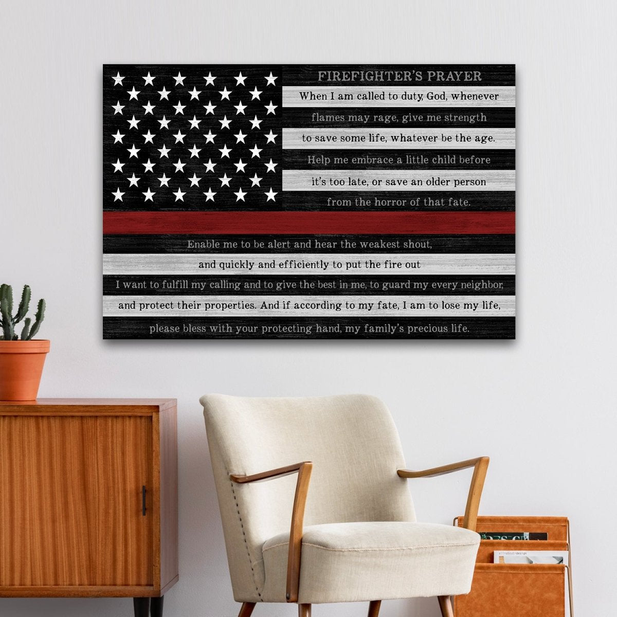 Red Line Firefighter Prayer Canvas Sign Above Chair - Pretty Perfect Studio