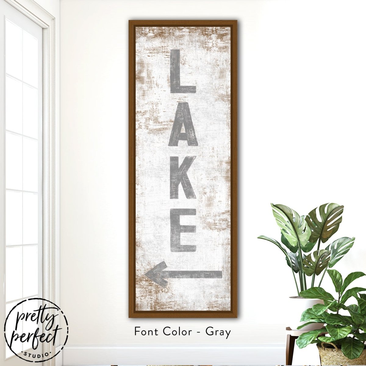 Vertical lake sign wall art with stacked letter design