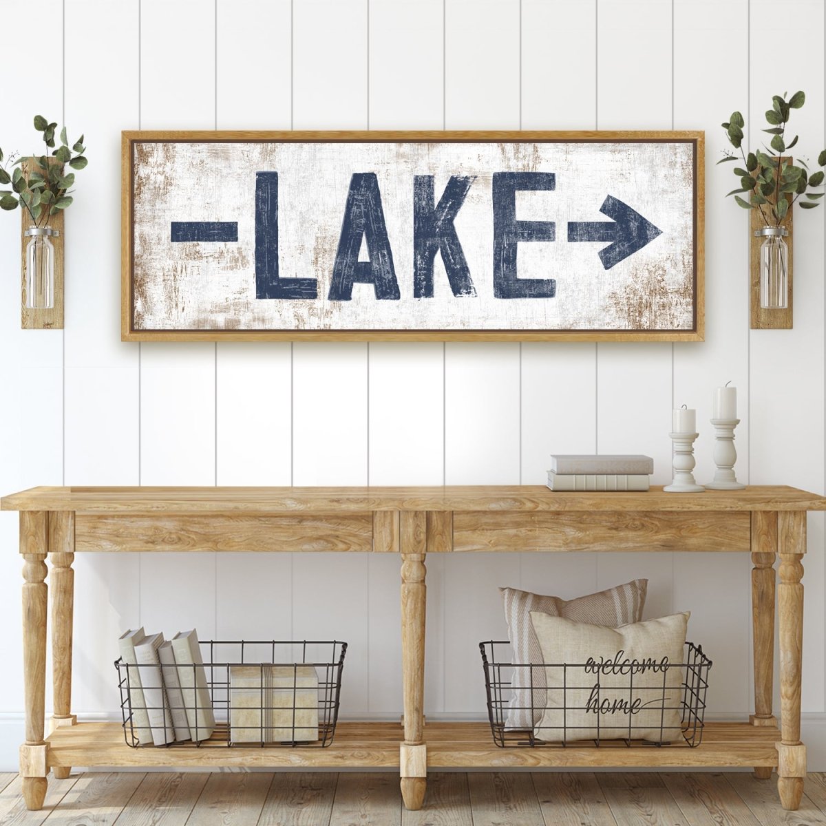 Framed rustic lake sign wall art with arrow in farmhouse style