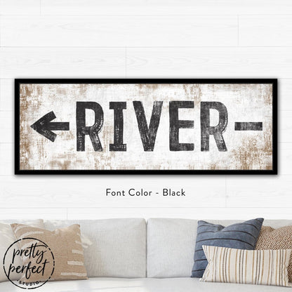 Rustic wood style river sign print with arrow direction detail