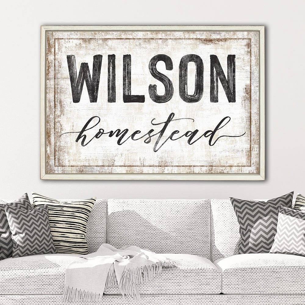 Rustic Homestead Family Name Sign Above Couch - Pretty Perfect Studio