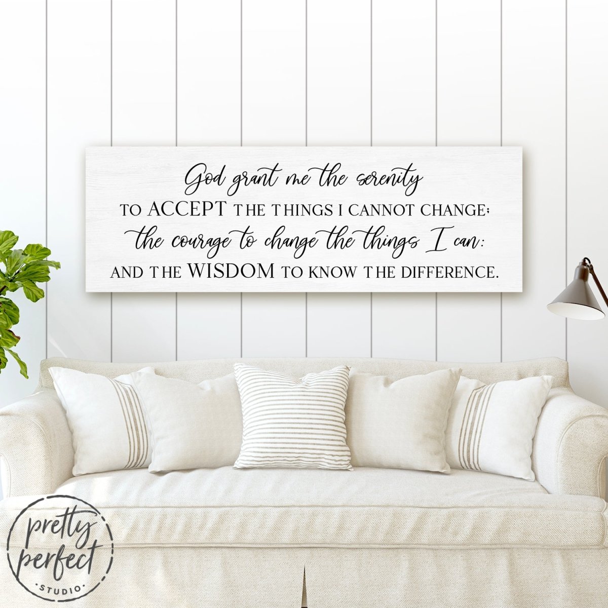 Serenity Prayer Sign in Living Room Above Couch - Motivational Wall Art - Pretty Perfect Studio