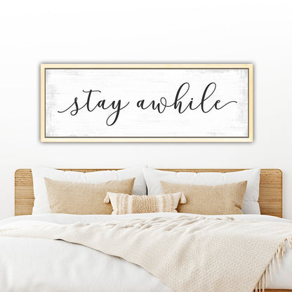 Stay Awhile Canvas Sign Hanging Above Bed in Master Bedroom - Pretty Perfect Studio