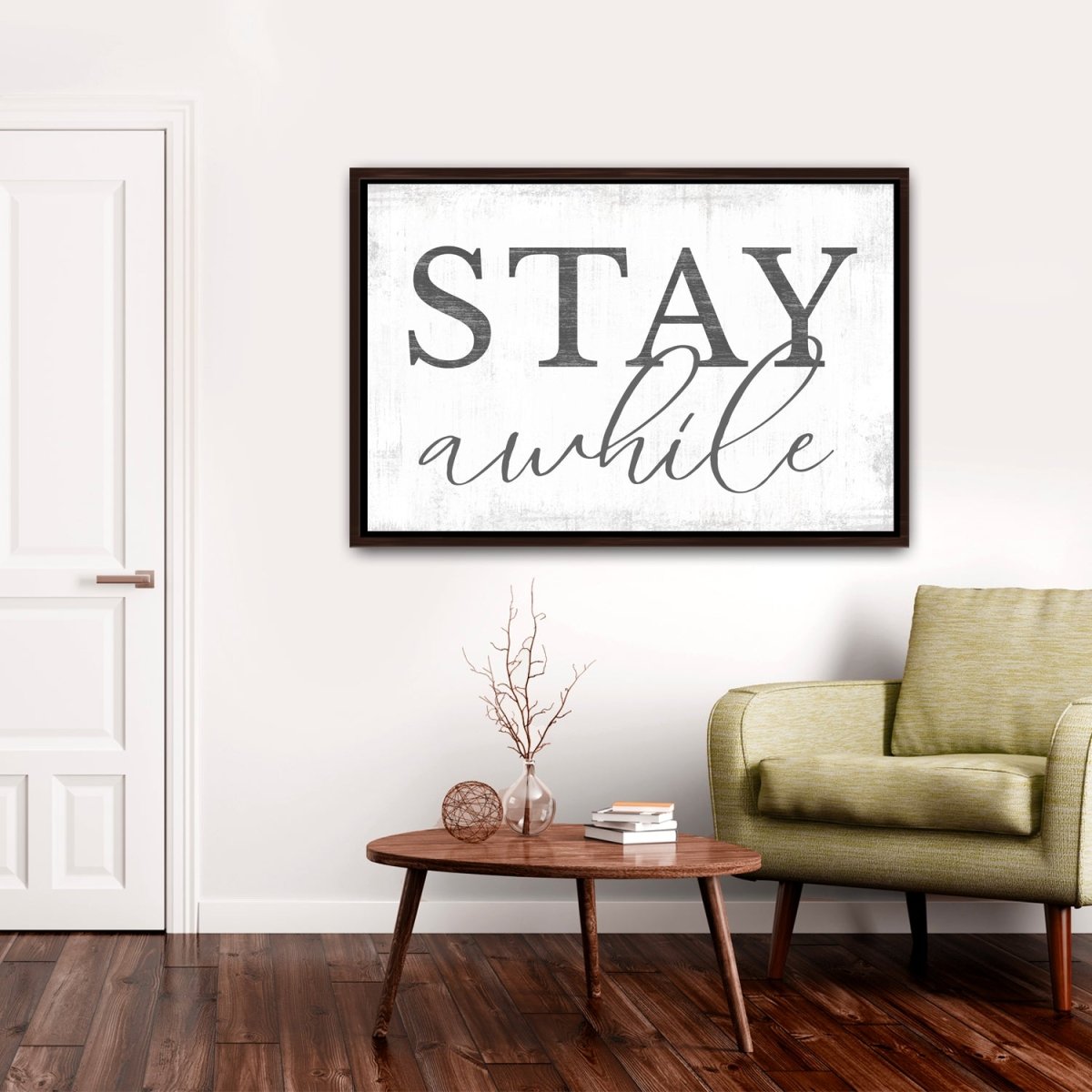 Stay Awhile Large Canvas Sign in Living Room - Pretty Perfect Studio