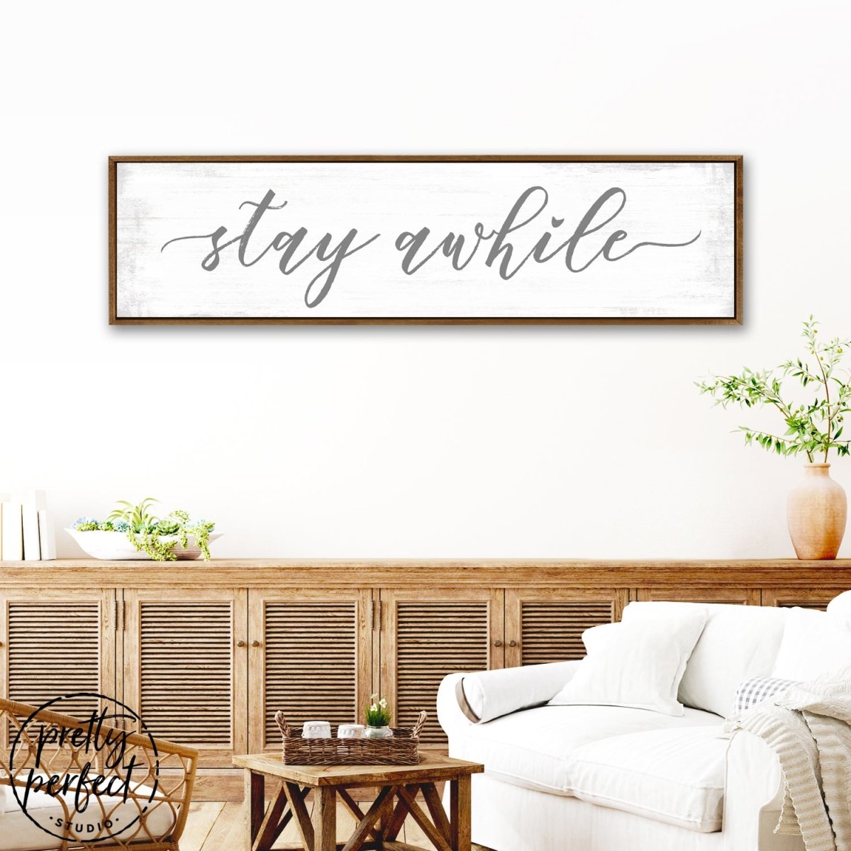 Stay Awhile Large Rectangle Sign Above Couch - Pretty Perfect Studio