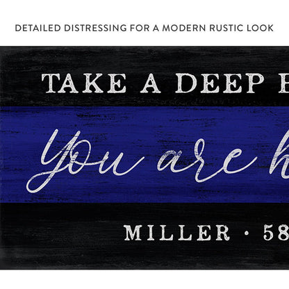 Take A Deep Breath Blue Line Sign With Modern Rustic Look - Pretty Perfect Studio