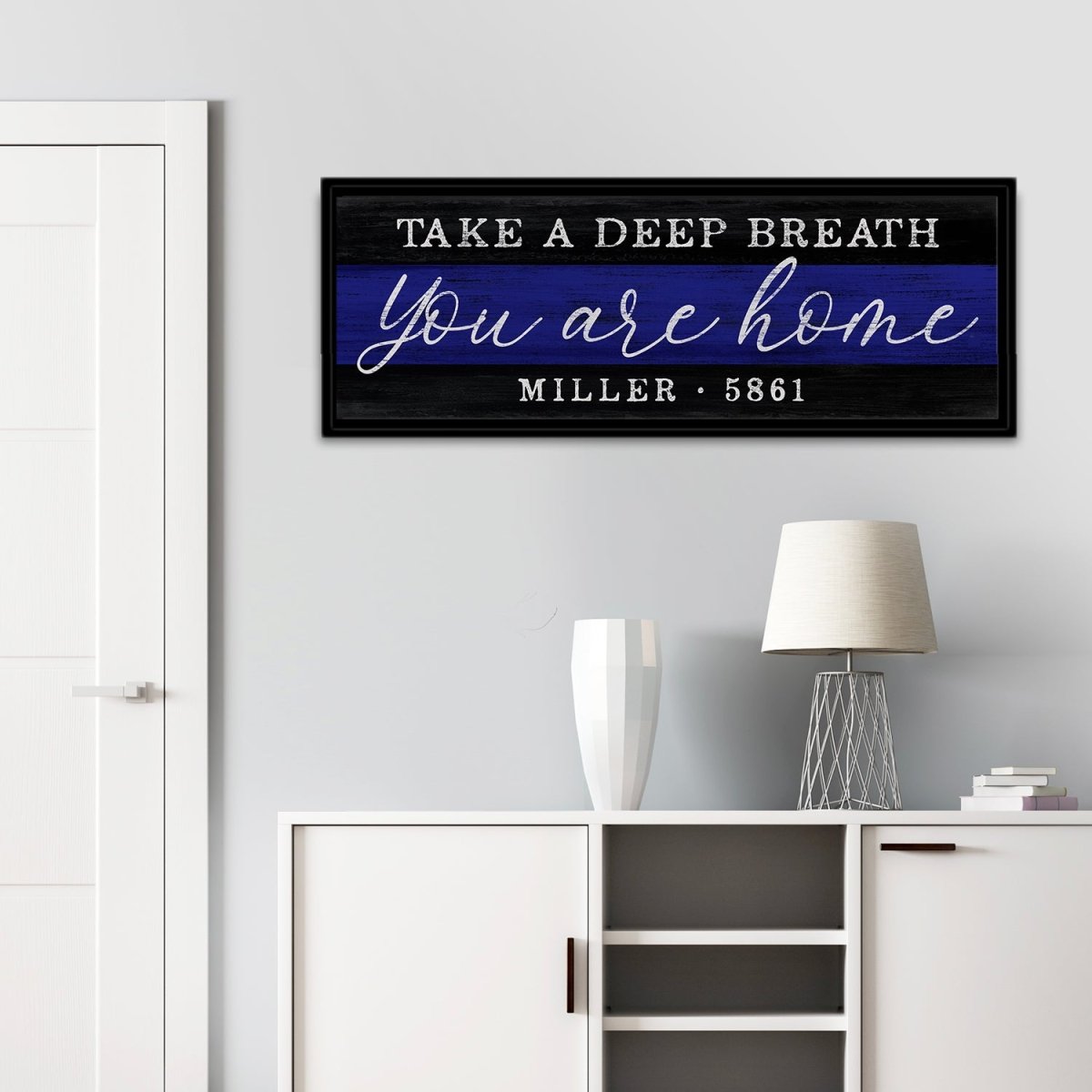 Take A Deep Breath Blue Line Sign in Living Room - Pretty Perfect Studio