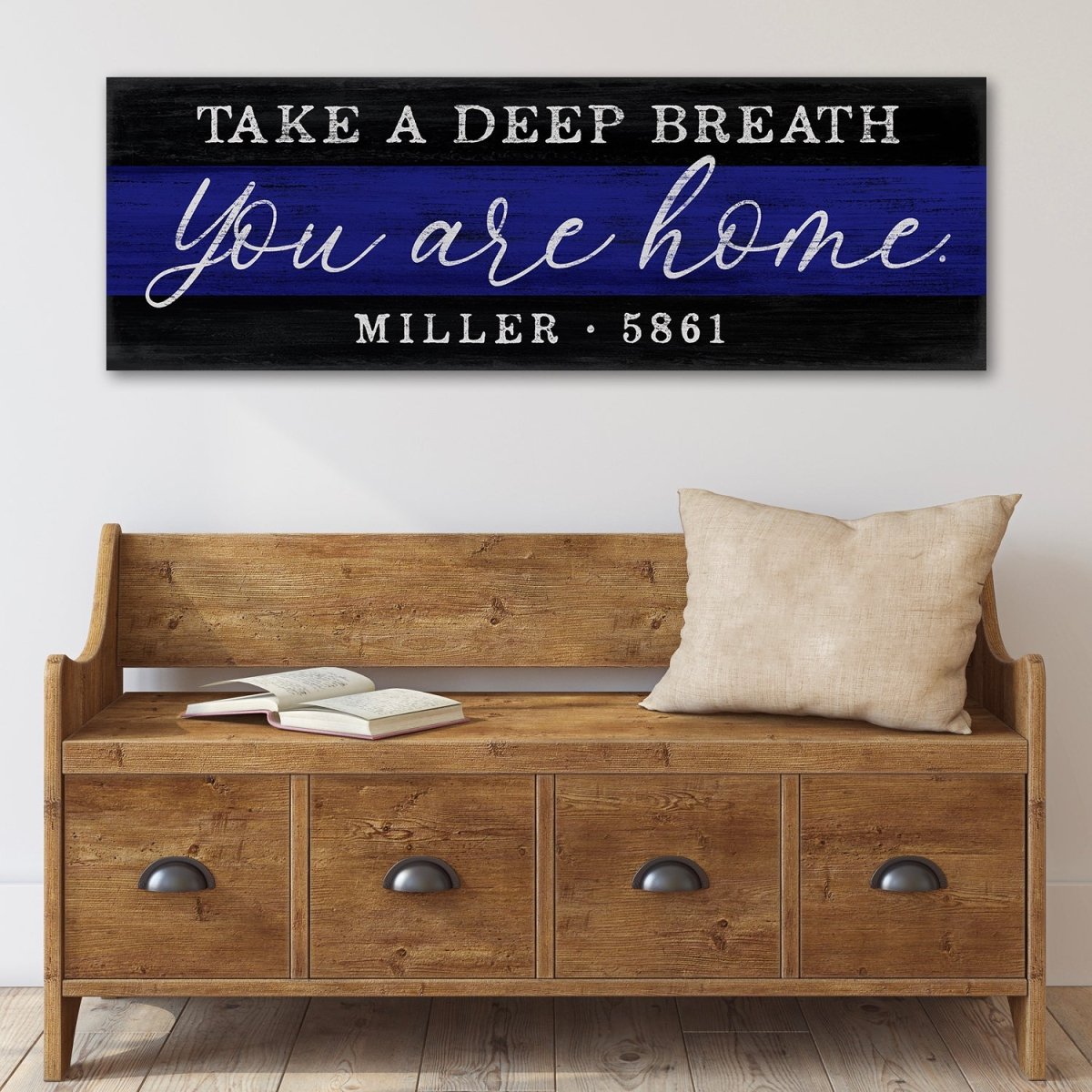 Take A Deep Breath Blue Line Sign Above Bench in Entryway - Pretty Perfect Studio