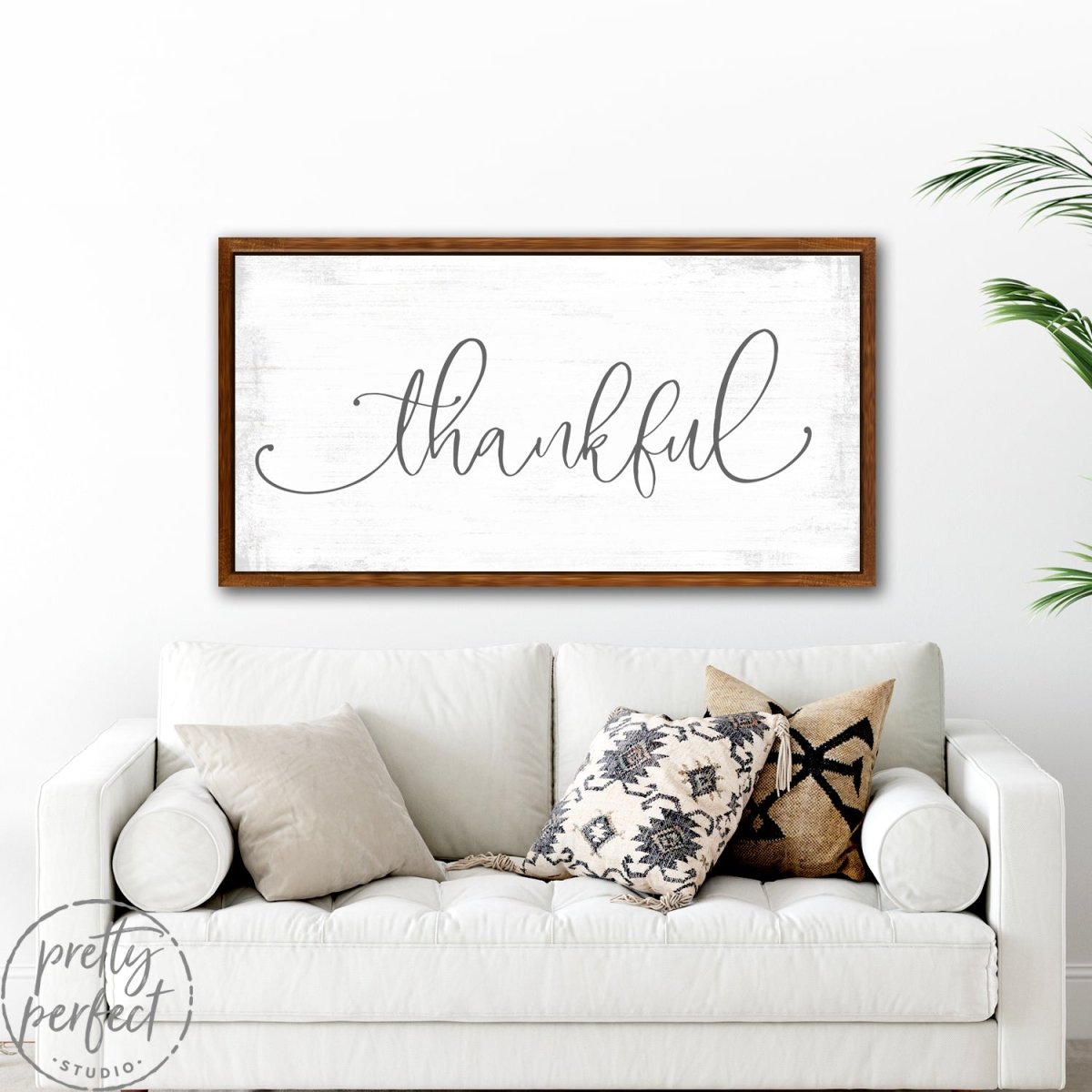 Thankful Rustic Farmhouse Sign in Family Room Above Couch - Pretty Perfect Studio