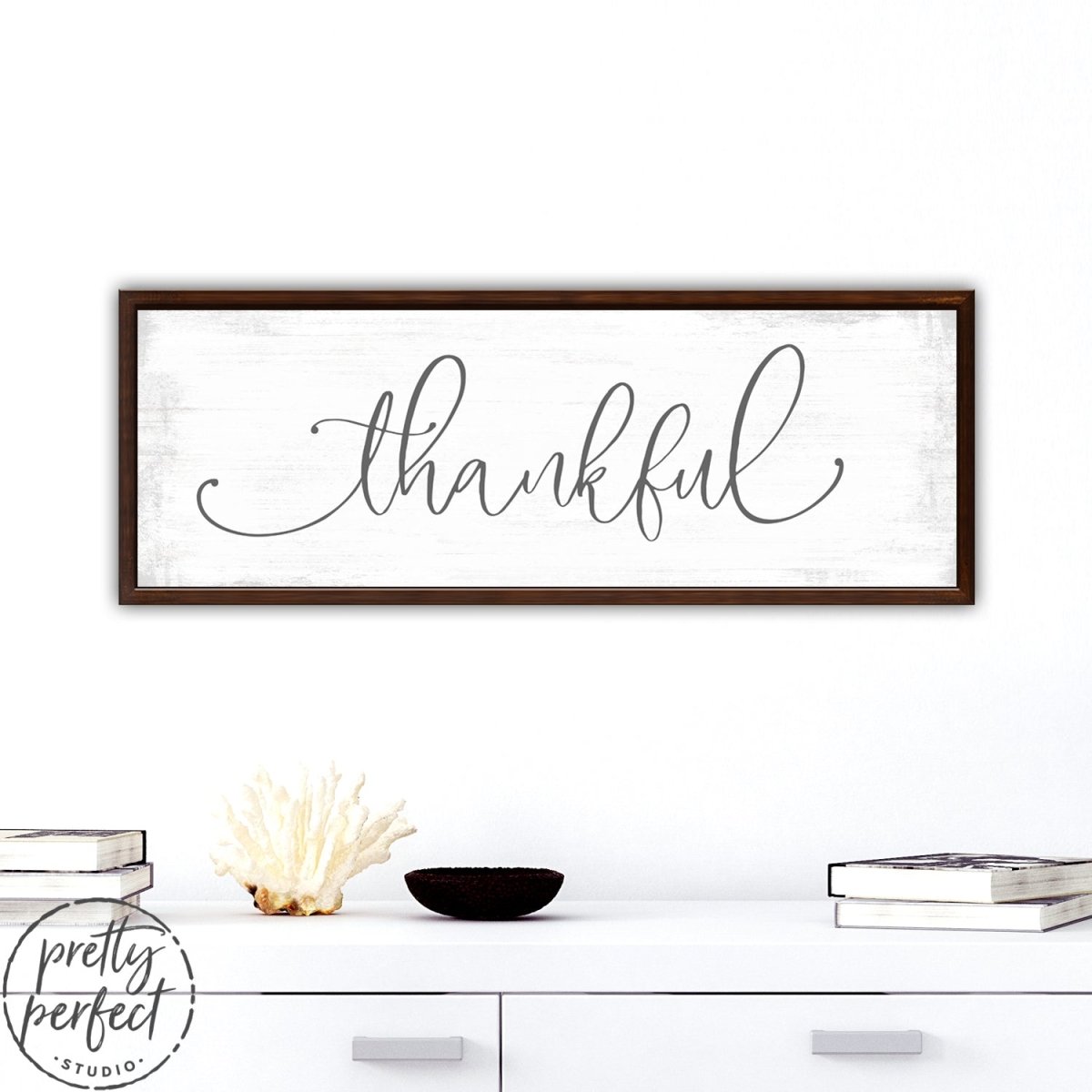 Thankful Rustic Farmhouse Sign in Family Room Above Couch - Pretty Perfect Studio