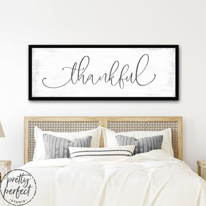 Thankful Rustic Farmhouse Sign in Family Room Above Bed - Pretty Perfect Studio