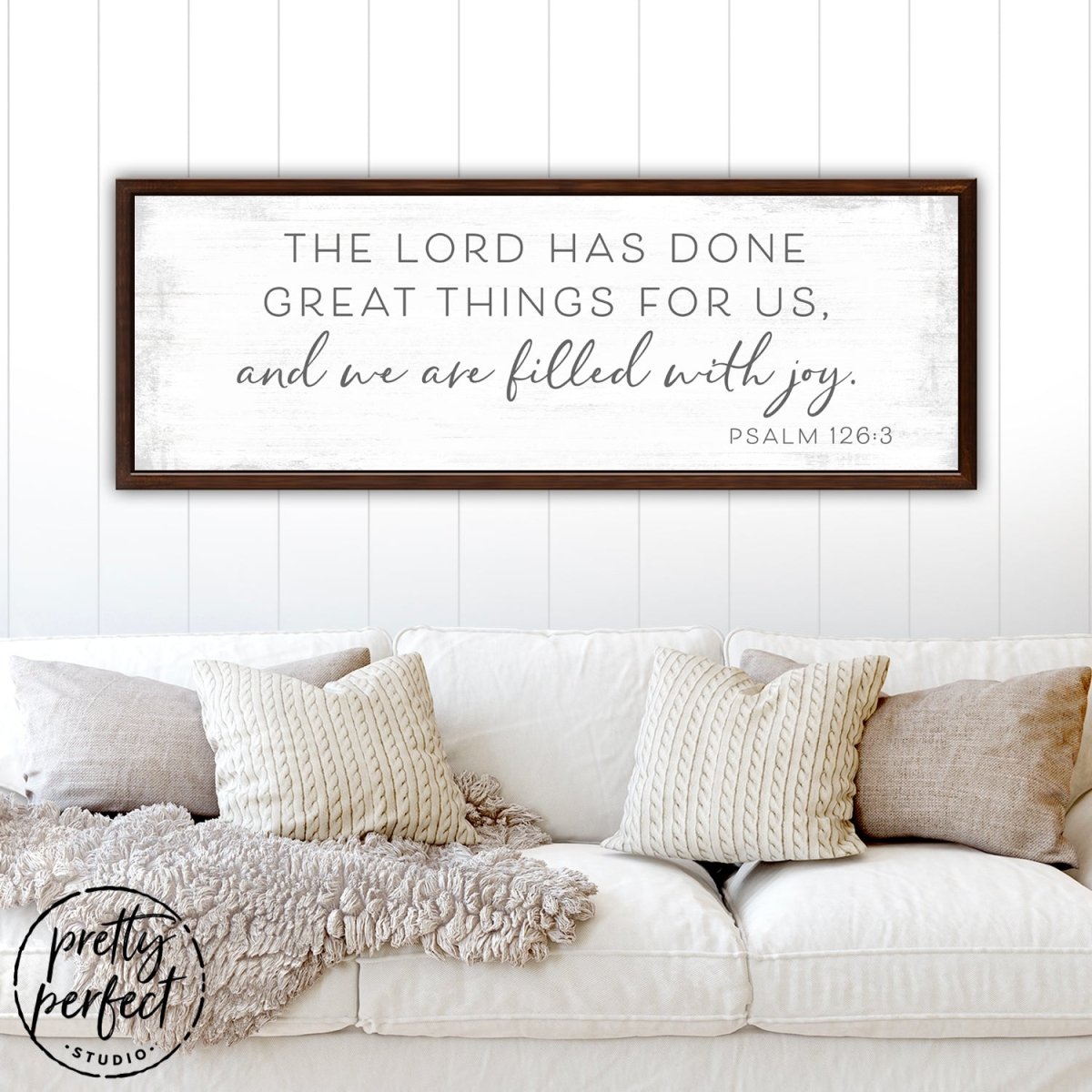 The Lord Has Done Great Things For Us Sign Above the Couch - Pretty Perfect Studio