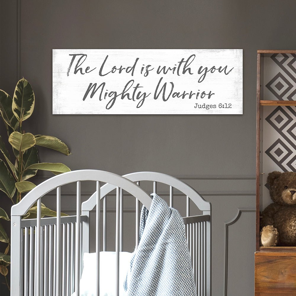 The Lord is With You Mighty Warrior Christian Wall Art Above Baby Bed - Pretty Perfect Studio