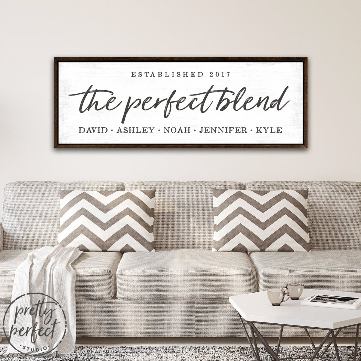 The Perfect Blend Personalized Family Name Sign Above Couch - Pretty Perfect Studio
