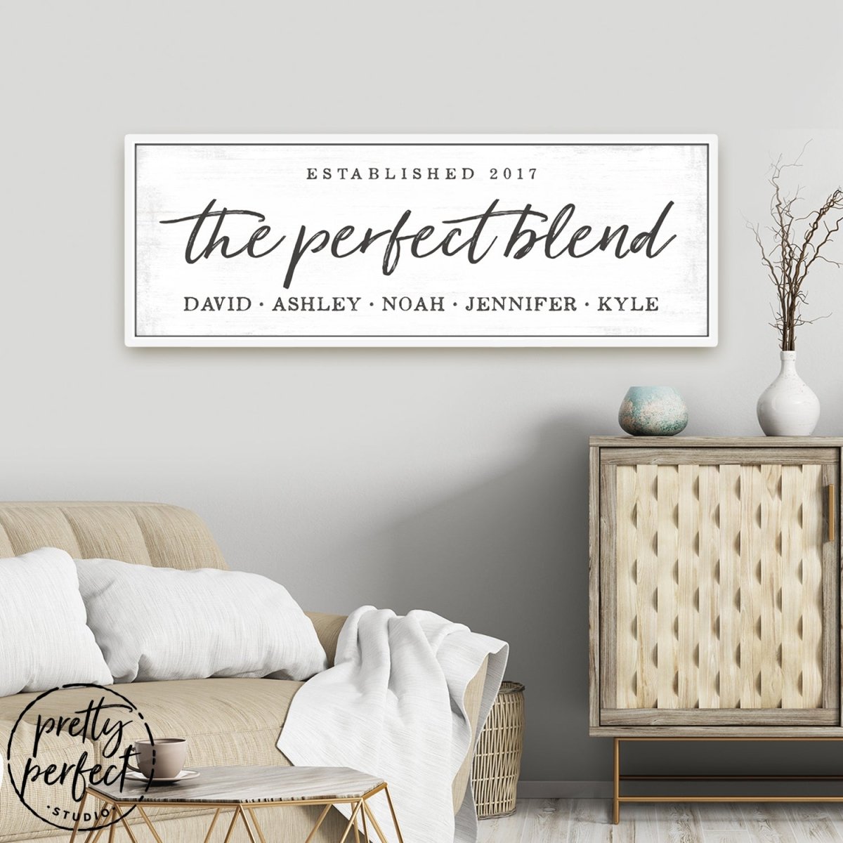 The Perfect Blend Personalized Name Sign With Established Date in Family Room - Pretty Perfect Studio