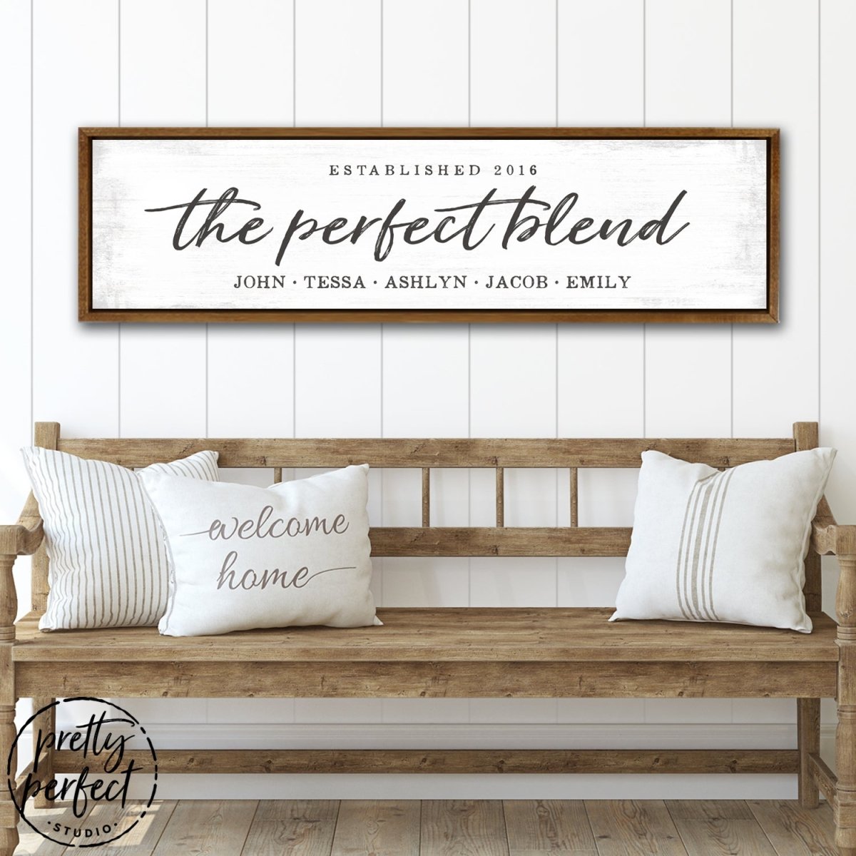 The Perfect Blend Personalized Name Sign With Established Date Above Entryway Bench - Pretty Perfect Studio