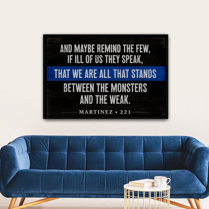 Thin Blue Line Police Officer Canvas Sign Above Couch in Living Room - Pretty Perfect Studio