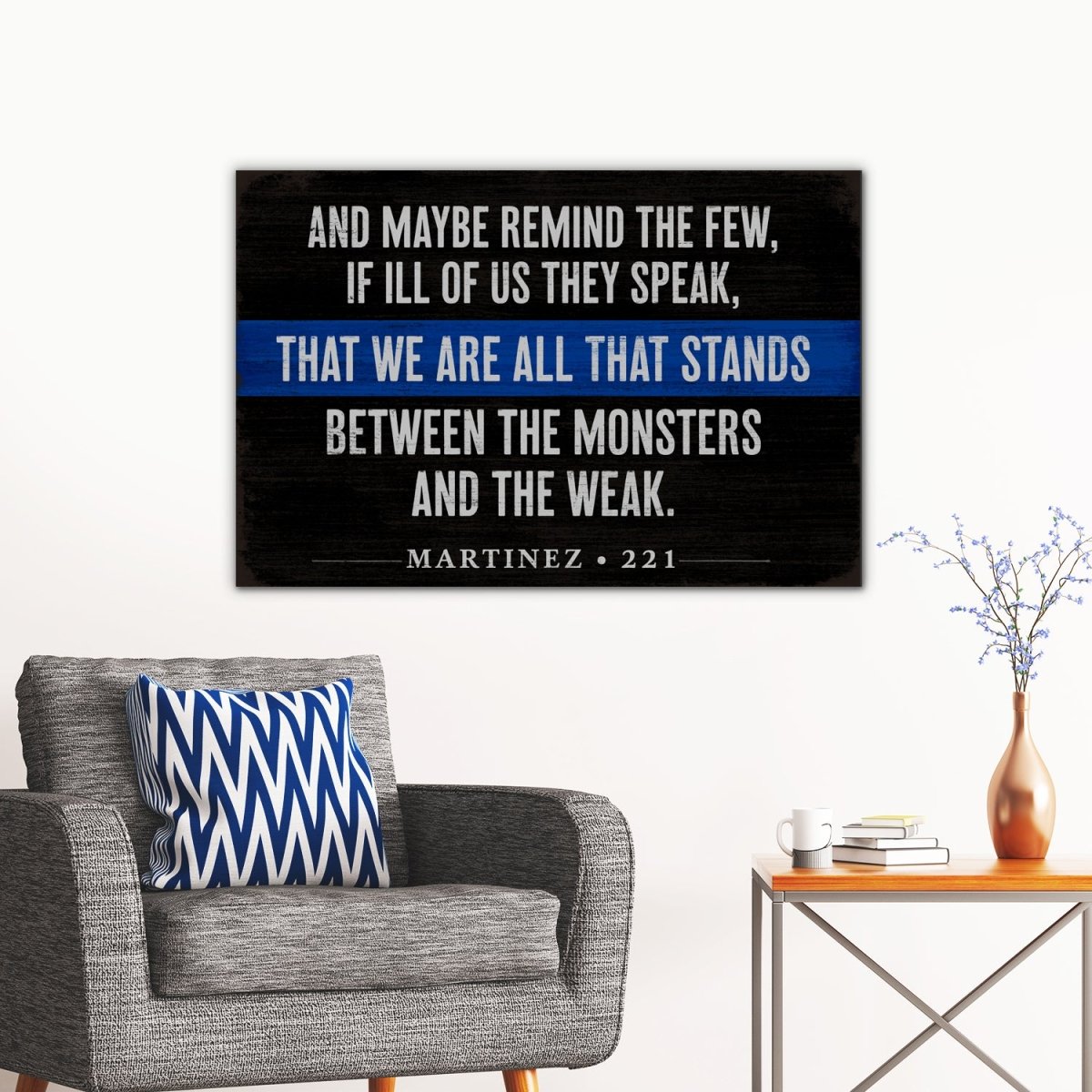 Thin Blue Line Police Officer Canvas Sign Above Chair in Family Room - Pretty Perfect Studio