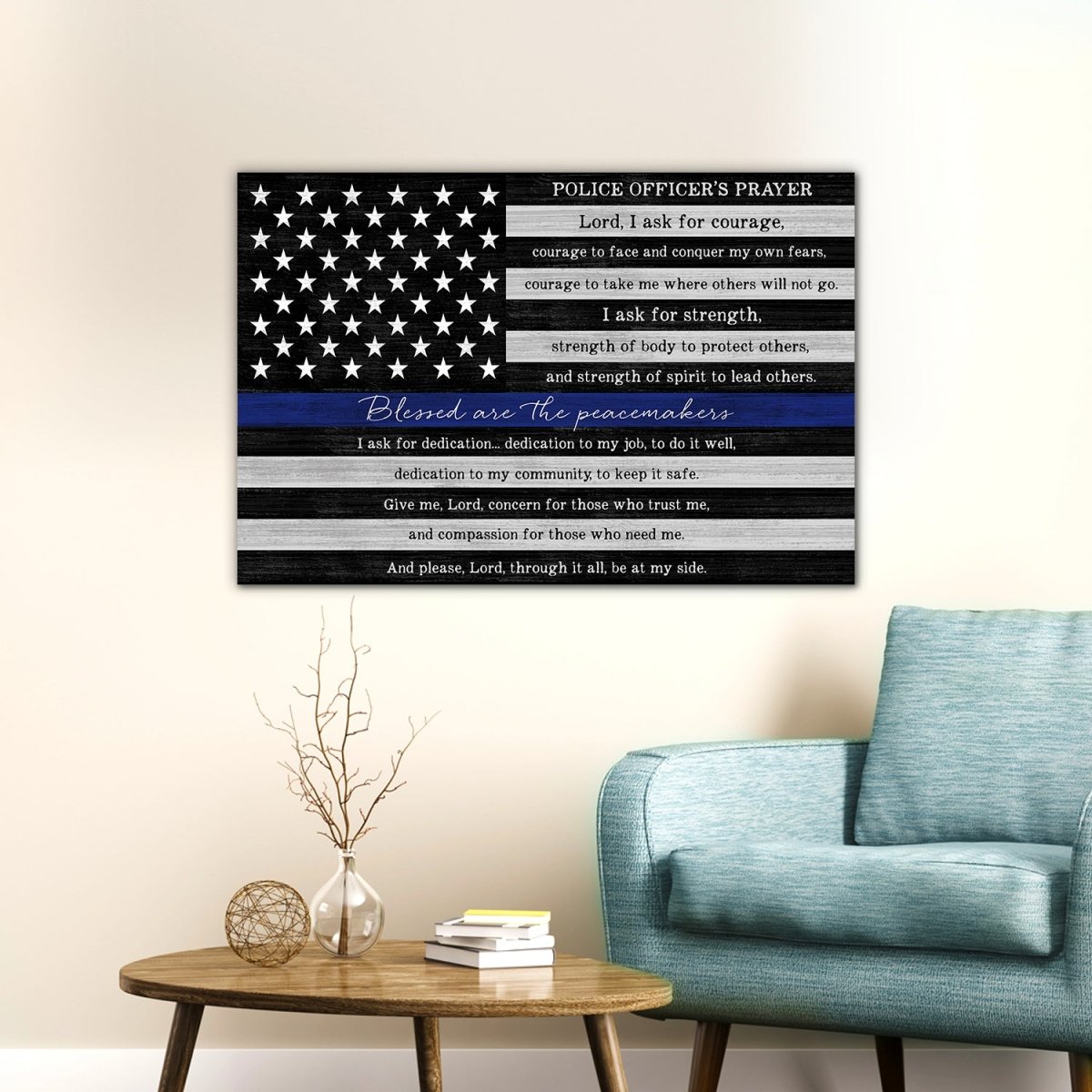 Personalized Blue Line Police Officer Oath Sign in Living Room Above Chair - Pretty Perfect Studio