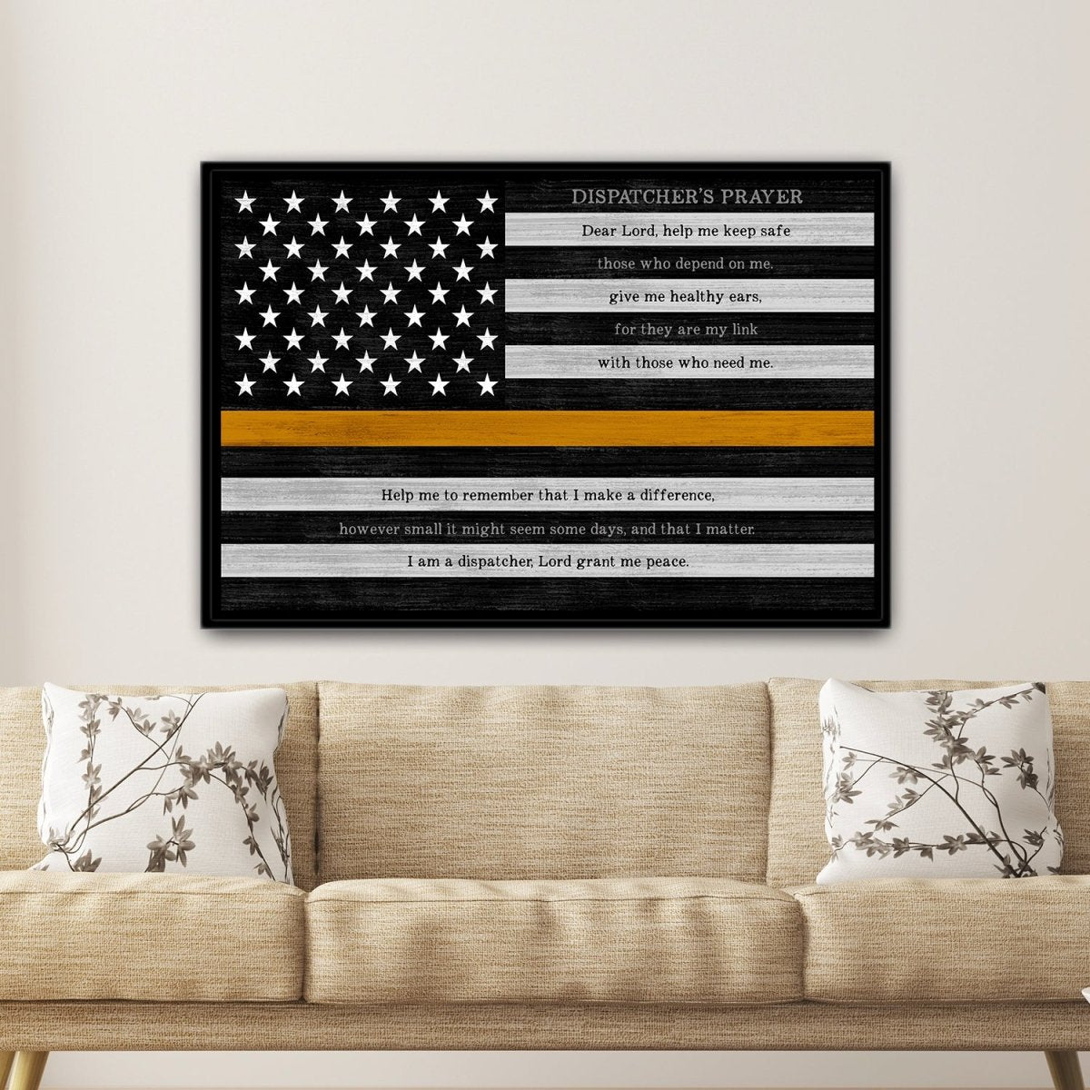 Thin Gold Line Flag Sign With Dispatcher's Prayer Above Couch - Pretty Perfect Studio