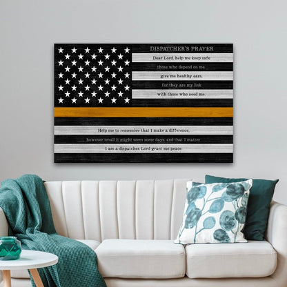 Thin Gold Line Flag Sign With Dispatcher's Prayer Above Couch - Pretty Perfect Studio