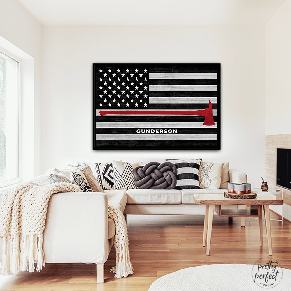Thin Red Line Firefighter Flag Sign Above Couch - Pretty Perfect Studio