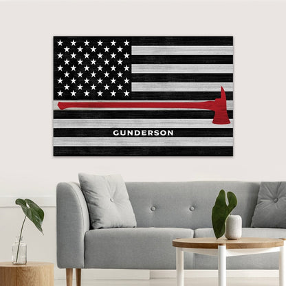 Thin Red Line Firefighter Flag Sign Above Couch - Pretty Perfect Studio